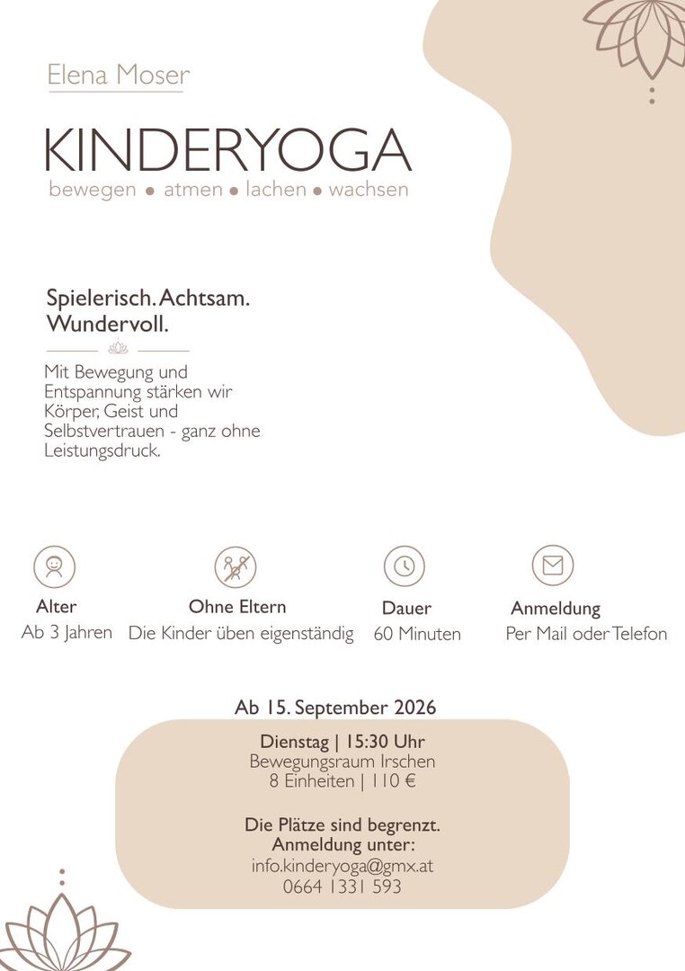 Kinderyoga-Kurs von Elena Moser in Irchen am 15. September 2026, 15:30 Uhr